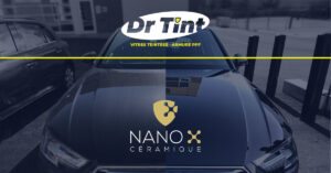 logo dr tint vitres teintées et nano x ceramic avec un avant après sur véhicule
