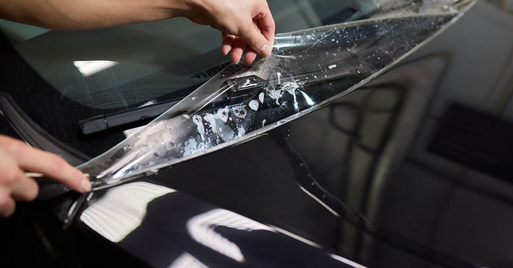 image qui montre l'installation de pellicule parre-pierre.
Image showing the installation of paint protection film (PPF).